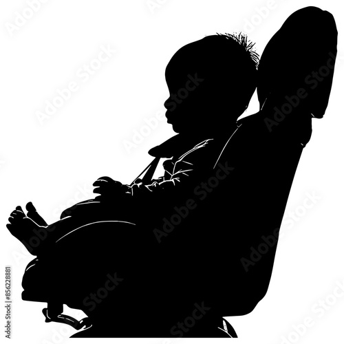 Silhouette of a baby in a car seat, in black, isolated 