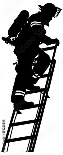 Silhouette of a firefighter climbing a ladder, in black, isolated 