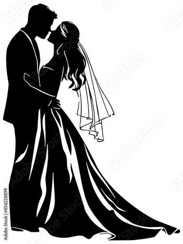 silhouette of a bride and groom, in black, isolated 