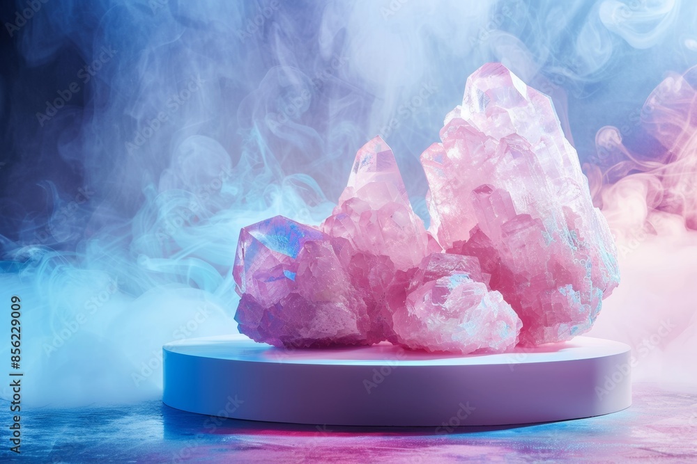 podium made of rose quartz for cosmetics or product photography with pastel blue neon light podium made of rose quartz for cosmetics or product photography with pastel blue neon light