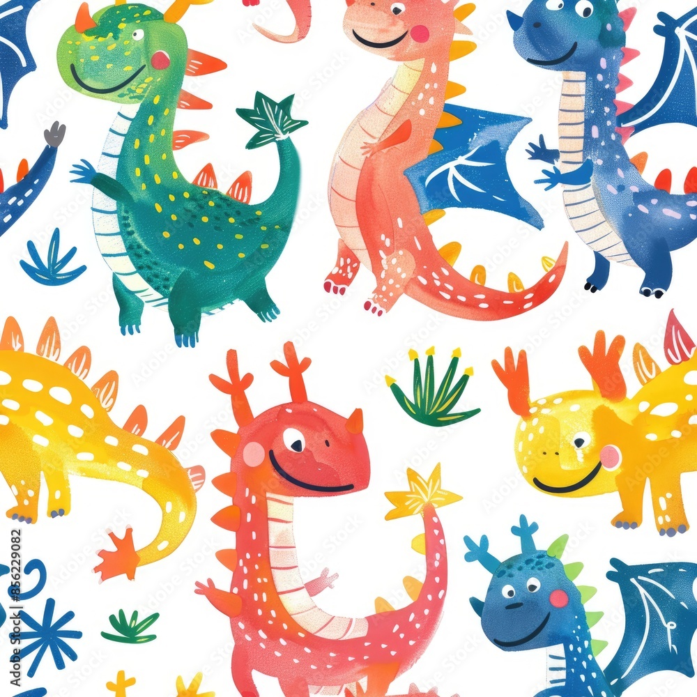 Fototapeta premium Pattern of funny colorful dinosaurs in the style of a children's drawing on a white background. Printing on fabric, paper, packaging. Wallpaper, children's clothing, bed linen, children's room decor.