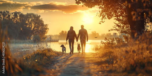 A couple strolls hand in hand along a sunlit path with their dog trotting happily beside them, the setting sun casting a warm glow over the scene