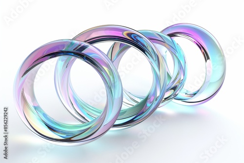 3D rendering of a set of iridescent glass rings floating in space on a white background, highlighting their translucent and reflective properties