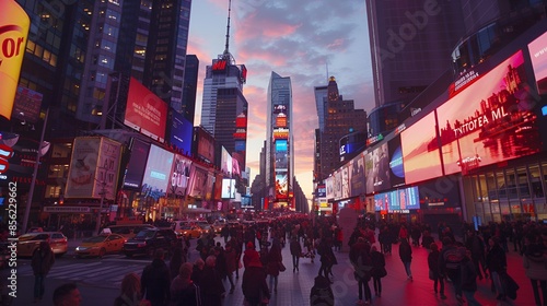 A bustling view of Times Square in the evening, filled with people and illuminated by the iconic bright billboards and advertisements. The sky is painted with soft hues of pink and purple, enhancing t