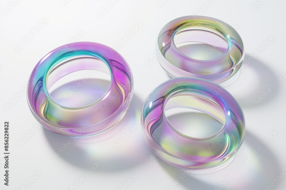 3D rendering of a set of iridescent glass rings floating in space on a white background, highlighting their translucent and reflective properties 3D rendering of a set of iridescent glass rings floating in space on a white background, highlighting their translucent and reflective properties