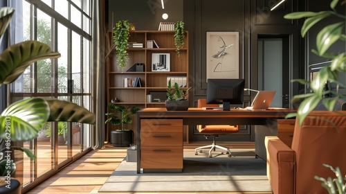 Minimalist and Cozy Home Office with Desk,Laptop,and Greenery. Elegant and Functional Workspace Design for Productive and Comfortable Work Environment. © Mickey