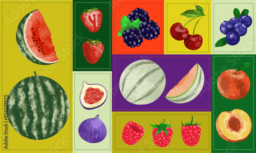 Ensemble fruits été vecteur fond coloré melon fraise pastèque groseille cerise mûre figue framboise