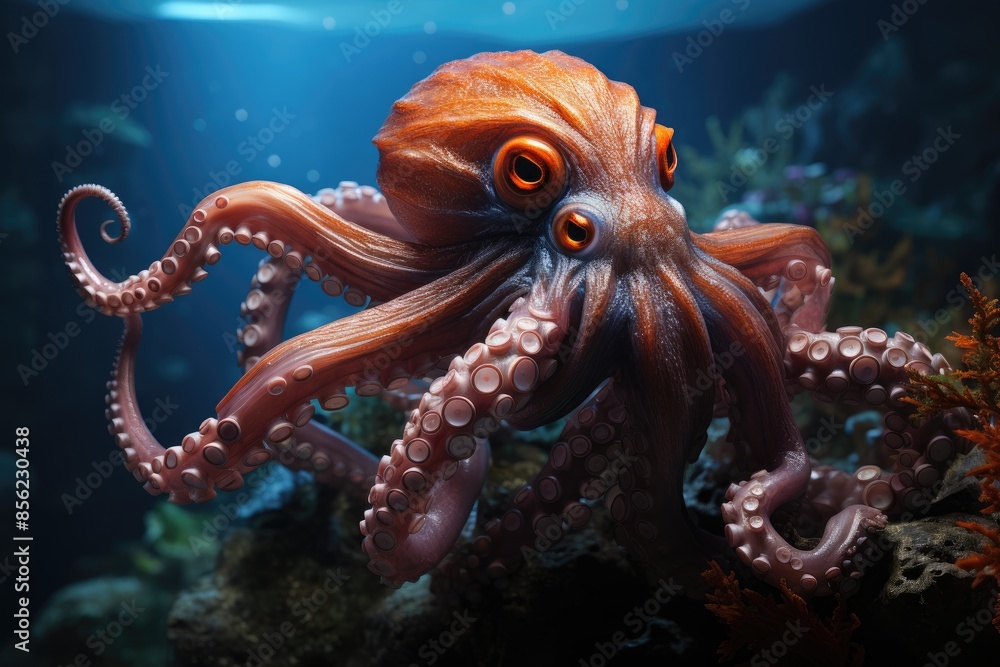 Lone octopus emerges in the depths, their shining tentacles dancing between lush corals., generative IA Lone octopus emerges in the depths, their shining tentacles dancing between lush corals., generative IA