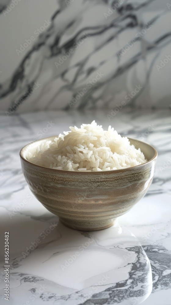 Bowl of cooked white rice on marble surface Bowl of cooked white rice on marble surface