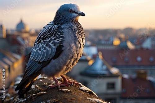 Lone pigeon landed, contrasting with the agitated city., generative IA