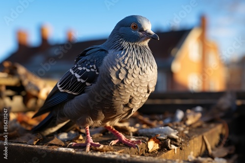 Lonely pigeon on a busy city, curious look., generative IA © JONATAS