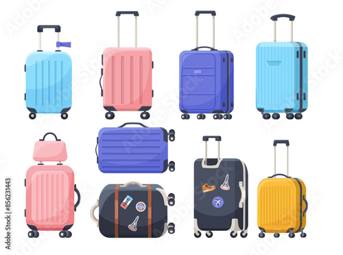 Various colorful suitcases and travel bags in a cartoon style on a white background. Vector illustration