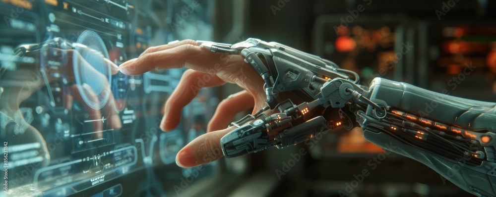 Cybernetic hand interacting with a holographic interface Cybernetic hand interacting with a holographic interface