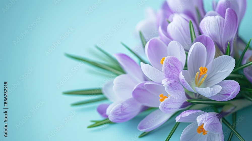 Naklejka premium Tender violet crocus flowers in pastel hues on light blue backdrop with selective focus evoking spring