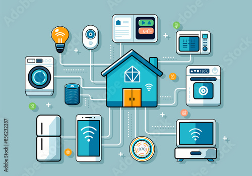 Smart home with interconnected devices illustration, light blue background, concept of IoT automation. Vector illustration