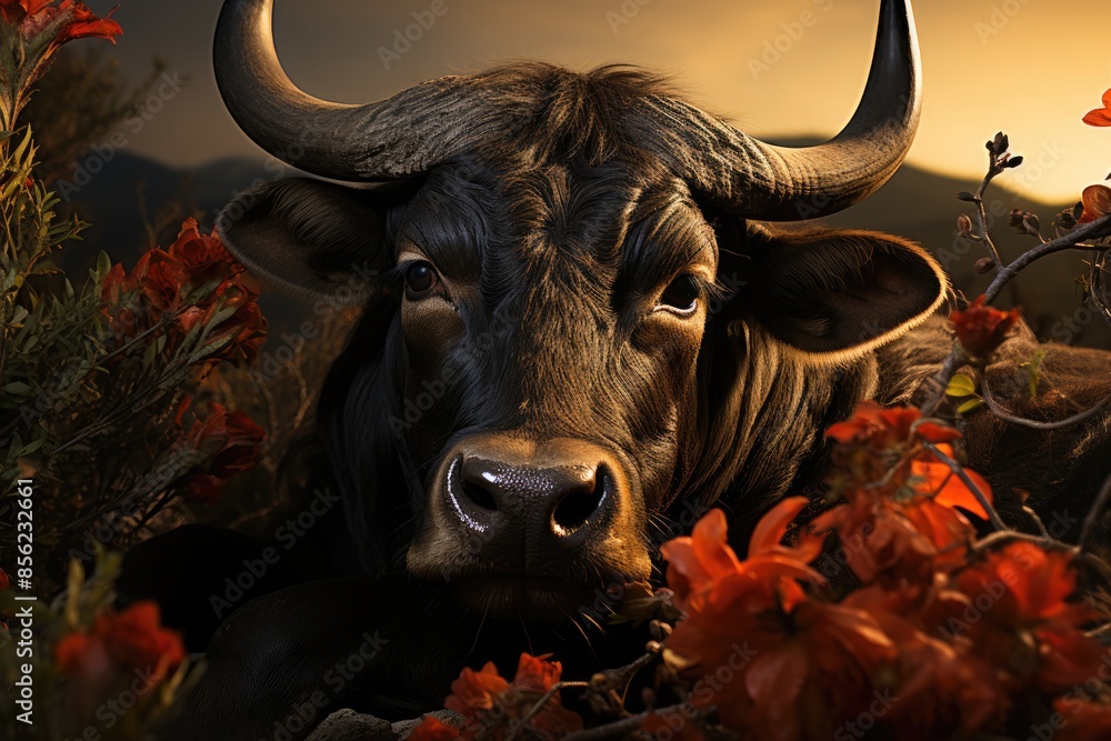 Majestic bull between ruins under the twilight sky., generative IA Majestic bull between ruins under the twilight sky., generative IA