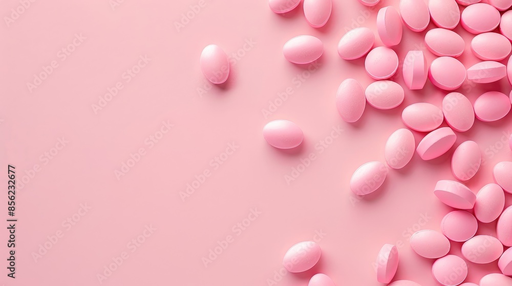 Pink pills on pink background with space for text Depiction of vitamin supplement intake Pink pills on pink background with space for text Depiction of vitamin supplement intake
