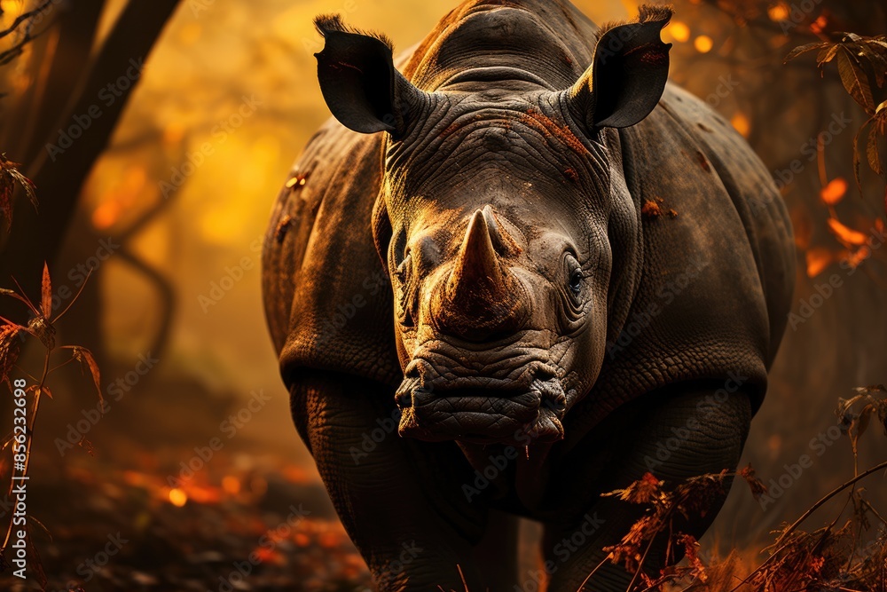 Lone rhino emerges in the twilight mist between ancient trees., generative IA Lone rhino emerges in the twilight mist between ancient trees., generative IA