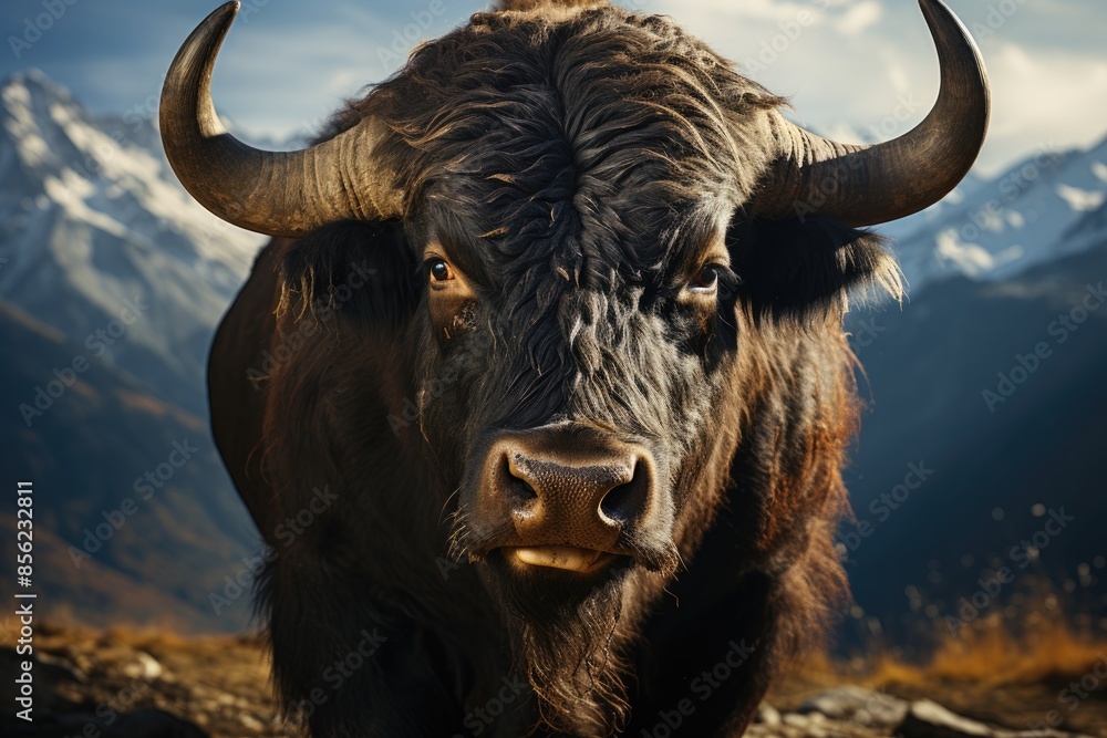 Naklejka premium Powerful black bull in a sunshine mountainous scenario., generative IA