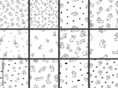 Happy kawaii dachshund. Seamless pattern. Coloring Page. Cute cartoon dog characters. Hand drawn style. Vector drawing. Collection of design ornaments.
