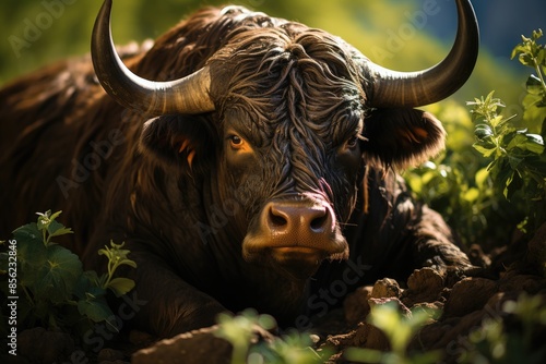 Majestic bull resting in Campo Verde., generative IA