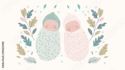 Adorable Baby Twins in Scandinavian Style Illustration Generative AI