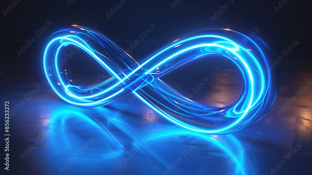 Neon Infinity Symbol Glowing in Dark Room with Reflective Surface, Futuristic and Modern Design Concept Neon Infinity Symbol Glowing in Dark Room with Reflective Surface, Futuristic and Modern Design Concept