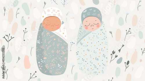 Adorable Baby Twins in Scandinavian Style Illustration Generative AI