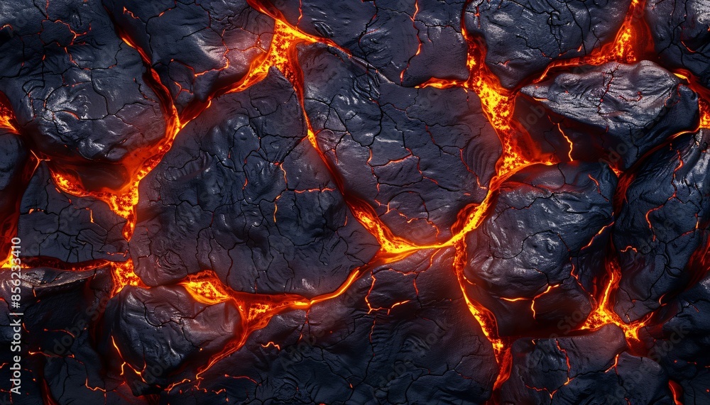 Close-up of Molten Lava Flowing Through Cracked Black Rocks with Glowing Red and Orange Highlights Close-up of Molten Lava Flowing Through Cracked Black Rocks with Glowing Red and Orange Highlights