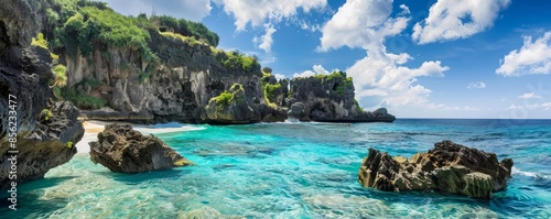 A hidden tropical beach with dramatic cliffs and clear blue water, capturing the allure of secluded beauty © Cheewynn