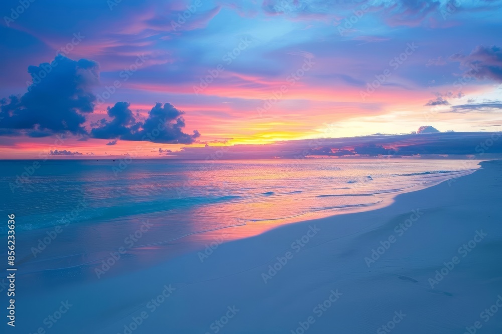 Fototapeta premium A vibrant sunrise over a pristine tropical beach, with the sky and water illuminated in soft colors, highlighting a new day