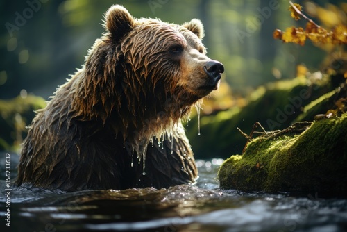 Majestic pardo bear next to the stream in the forest., generative IA