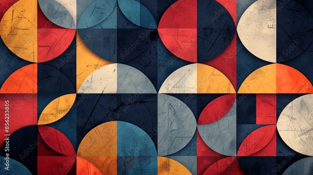 Fototapeta premium Abstract Geometric Pattern with Vibrant Colors and Textured Circles and Squares