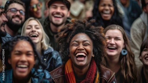 A group of diverse people are laughing and smiling together. They are all wearing casual clothes and look like they are having a good time. The background is blurred and looks like it is a city street
