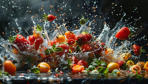 Fresh Mixed Berries and Tomatoes Splashing in Water with Dark Background - High-Speed Photography photo