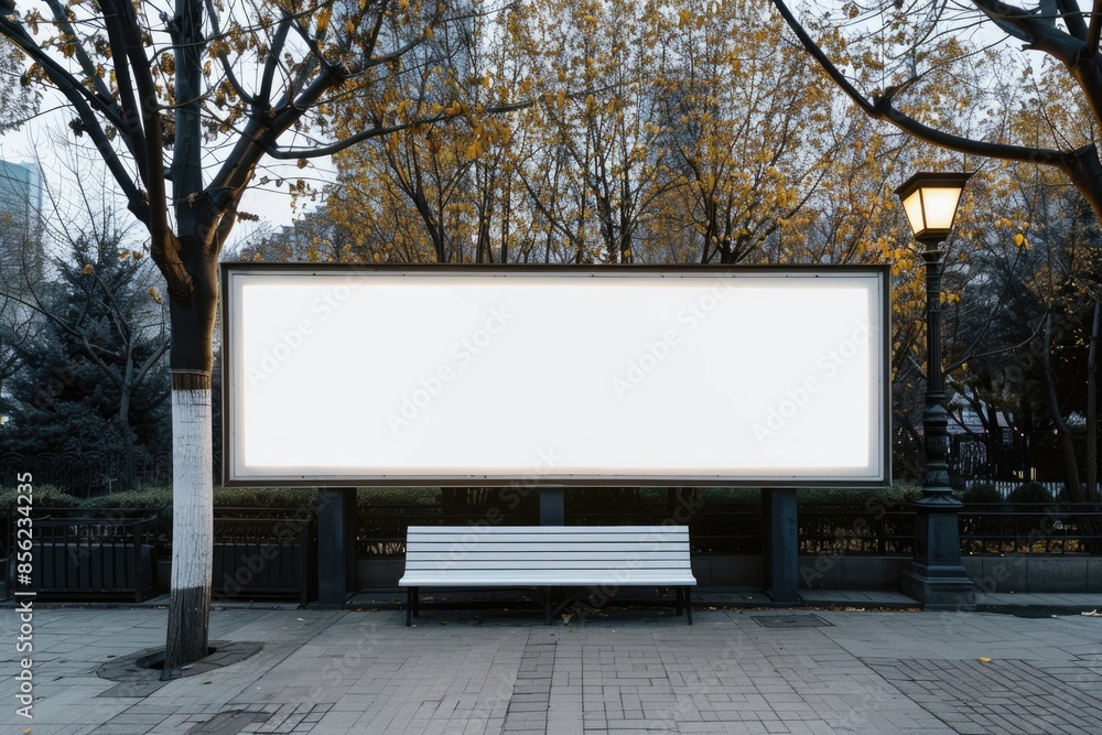 Fototapeta premium Advertising empty long white billboard with space for mockup information at urban street front view