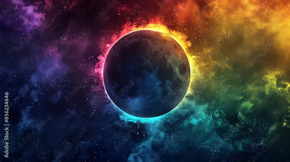 Obraz premium A colorful image of a black moon in the middle of space, AI