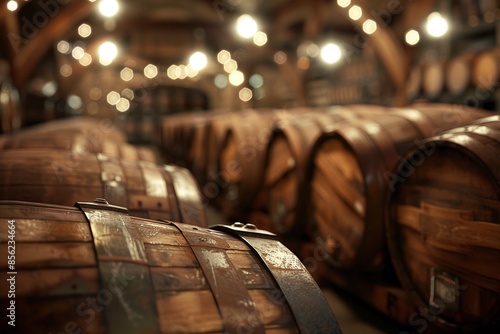 Many wooden barrels in the cellar. Wine, beer, burbon, whiskey. Ai generative photo