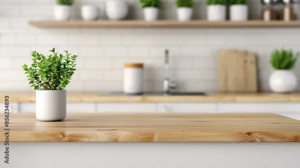 Modern kitchen interior with a wooden countertop, blurred background highlighting the light, open space, clean and contemporary, perfect for product or food display Modern kitchen interior with a wooden countertop, blurred background highlighting the light, open space, clean and contemporary, perfect for product or food display