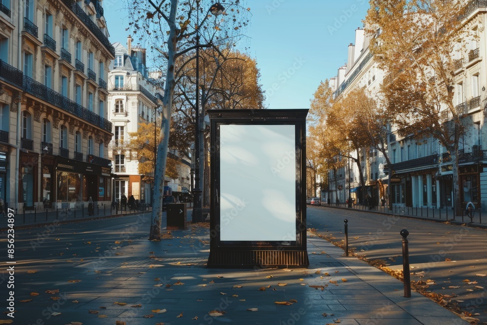 Parisian bus stop billboard mockup near park.