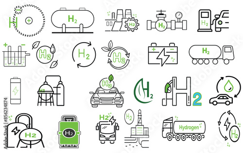Green hydrogen fuel production icons set. water electrolysis, fuel tank, pipeline, hydrogen transport, hydrogen atom, solar energy, gas station.