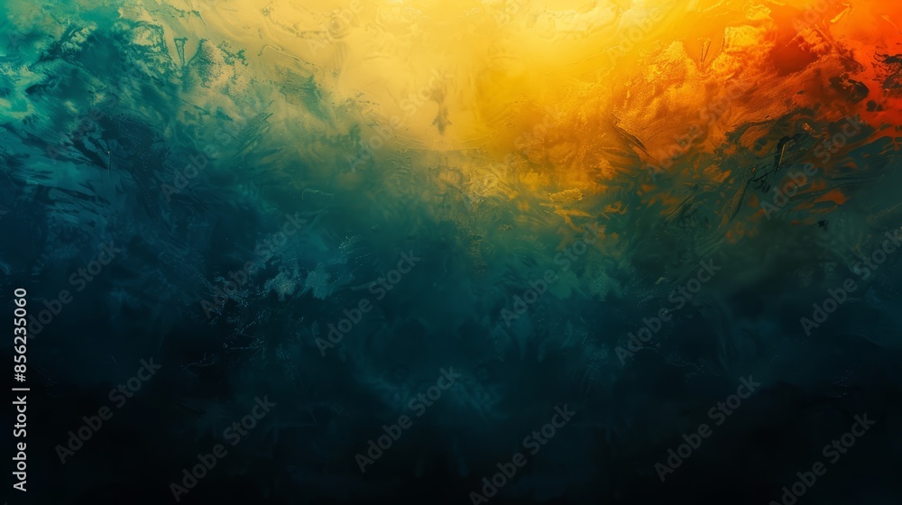 Obraz premium A close up of a colorful abstract painting with an orange and yellow sun, AI