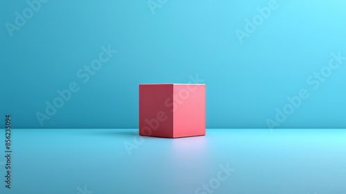 A red cube is sitting on a blue wall
