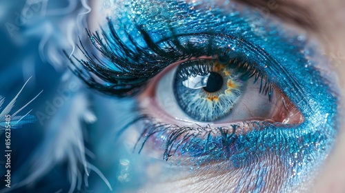 A woman's eye is painted blue with glitter