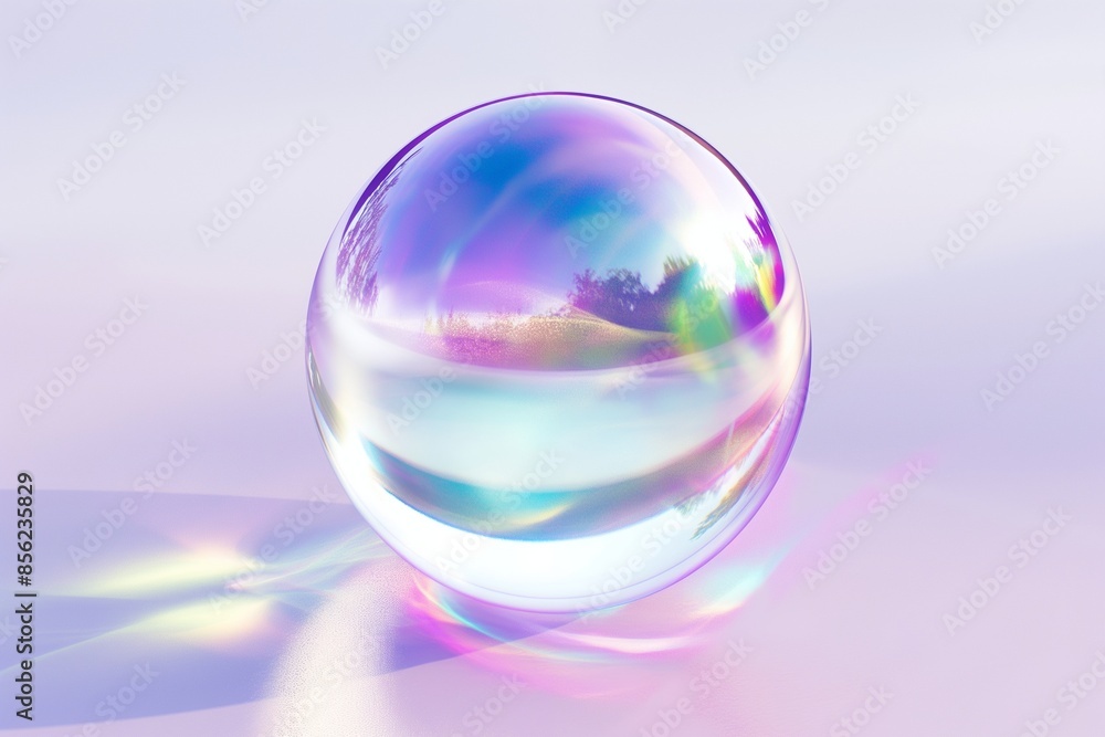3D rendering of an iridescent glass sphere floating on a pristine white background, showcasing shimmering colors and reflections 3D rendering of an iridescent glass sphere floating on a pristine white background, showcasing shimmering colors and reflections