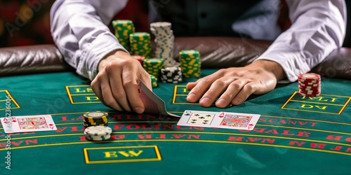 Man playing poker at green casino table with chips and cards. Close up