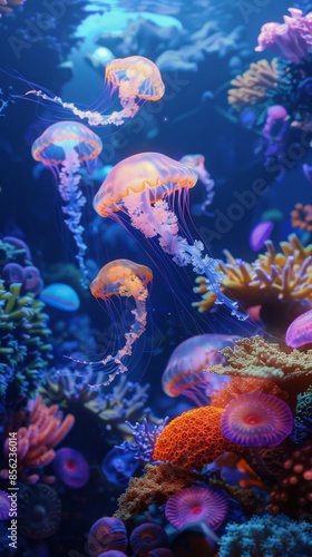 Underwater scene with glowing jellyfish and colorful corals, marine life concept