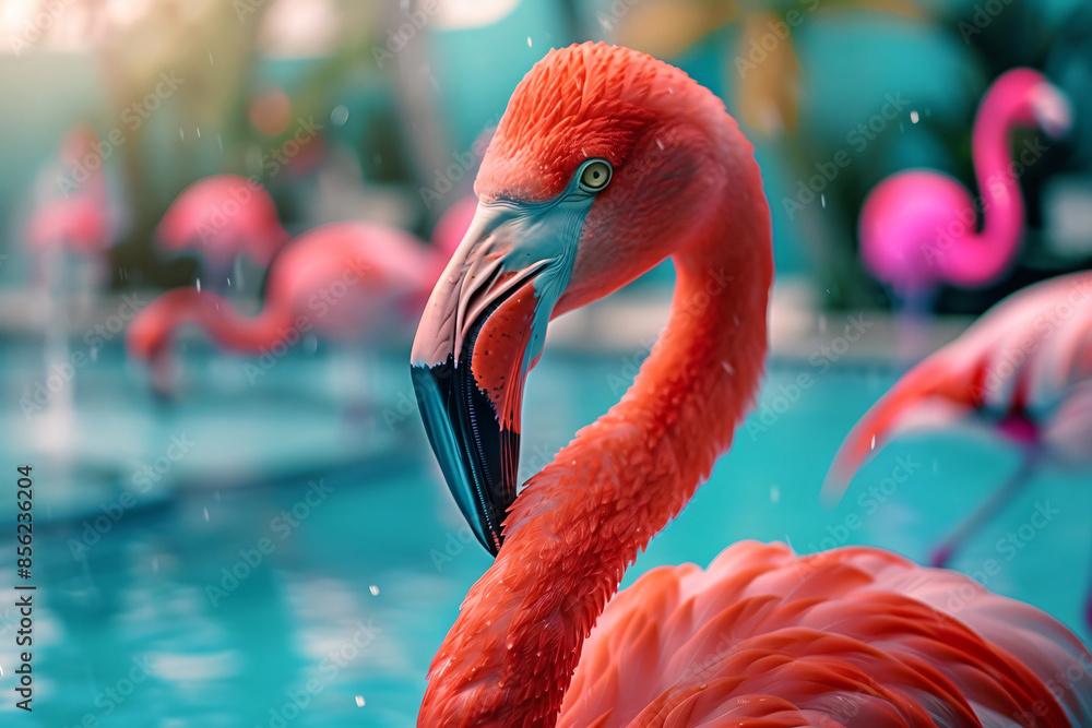 Obraz premium A close-up of a pink flamingo with water droplets, set against a blurred background of other flamingos and water