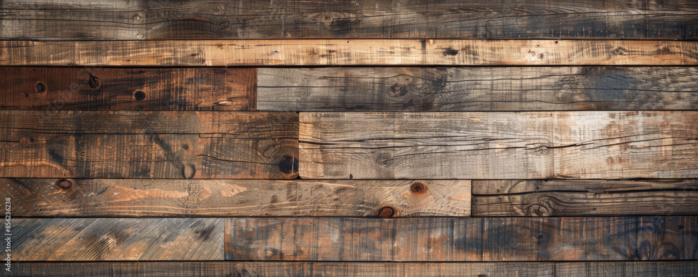 Naklejka premium A rustic barn wood background with weathered planks in shades of brown and grey. Knots and grain patterns add character, evoking a sense of history and warmth.