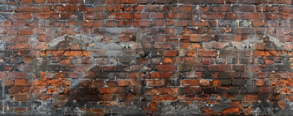 Naklejka premium A rustic brick wall background with weathered red bricks and mortar. The rough texture and uneven surface add an authentic, old-world charm.